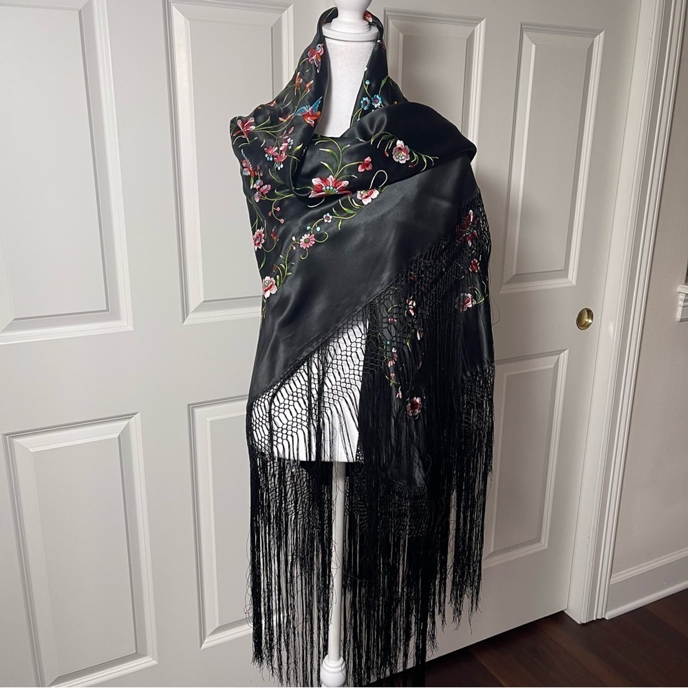 Vintage Silk Manila Piano Shawl Colorful Floral Hand Embroidered Wrap Scarf